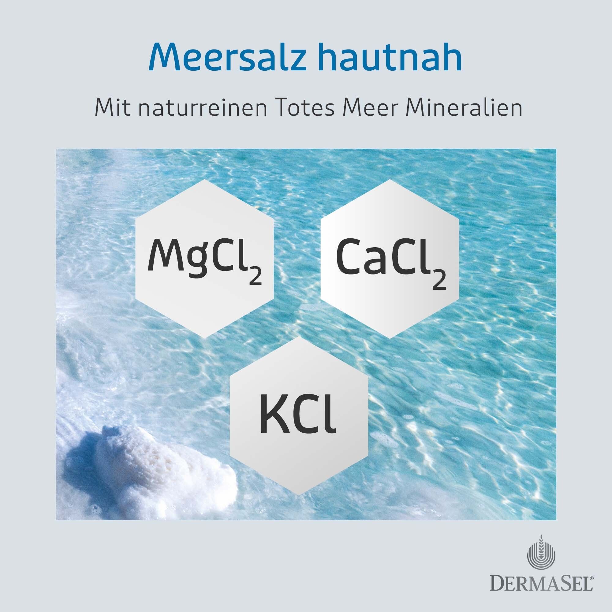 Afbeelding: Water met mineralen. Tekst: Zeezout dicht op de huid. Met natuurlijke Dode Zee mineralen. MgCl2, CaCl2, KCl.