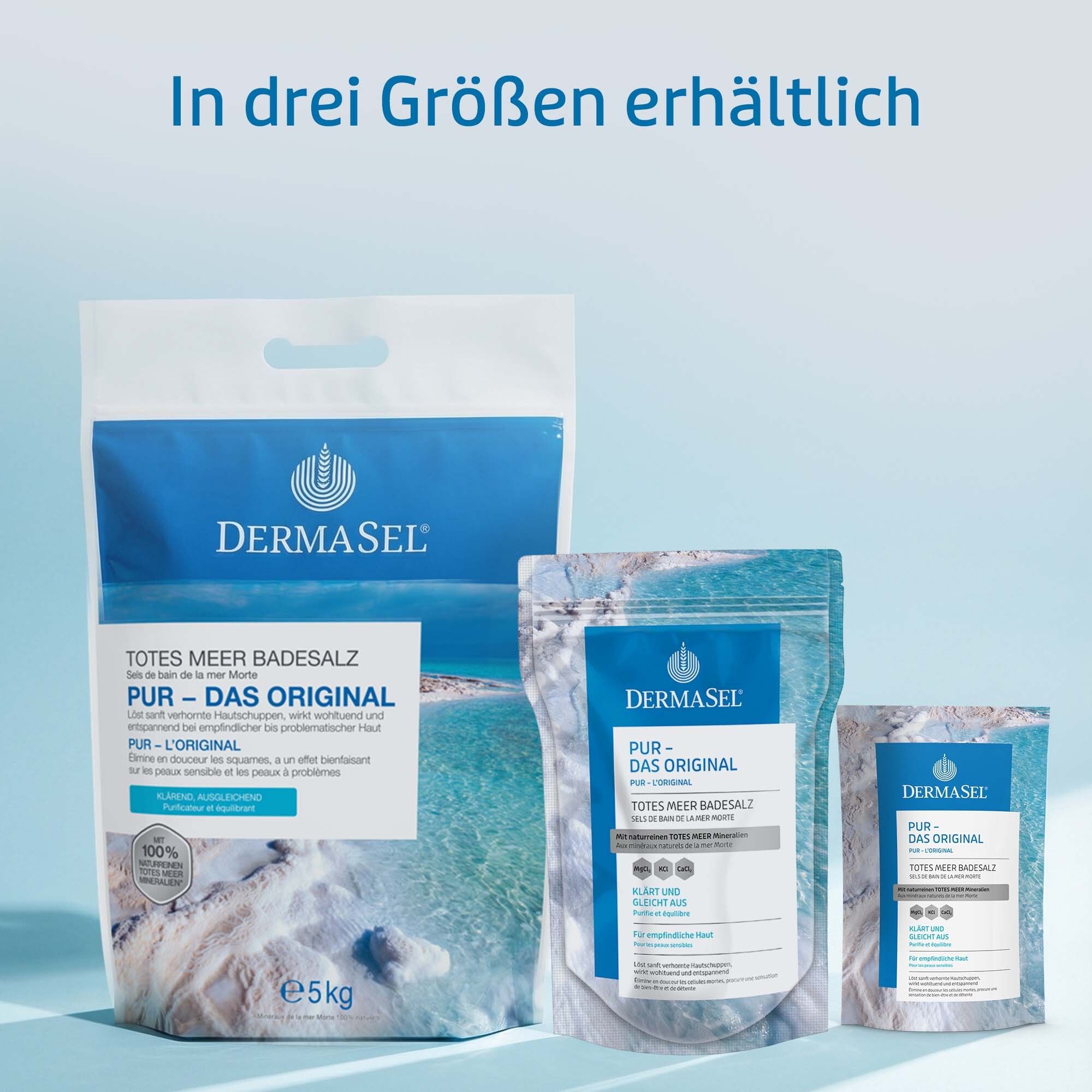 Drie verpakkingsgroottes van DermaSel® Bad PUR. Tekst: Verkrijgbaar in drie maten. Productafbeeldingen.