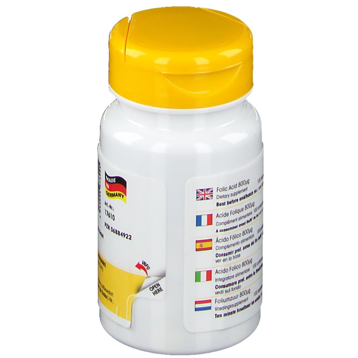 Dos du flacon de comprimés. Informations multilingues: Folic Acid 800μg, Acide folique 800μg, Acido Folico 800μg, Foliumzuur 800μg.