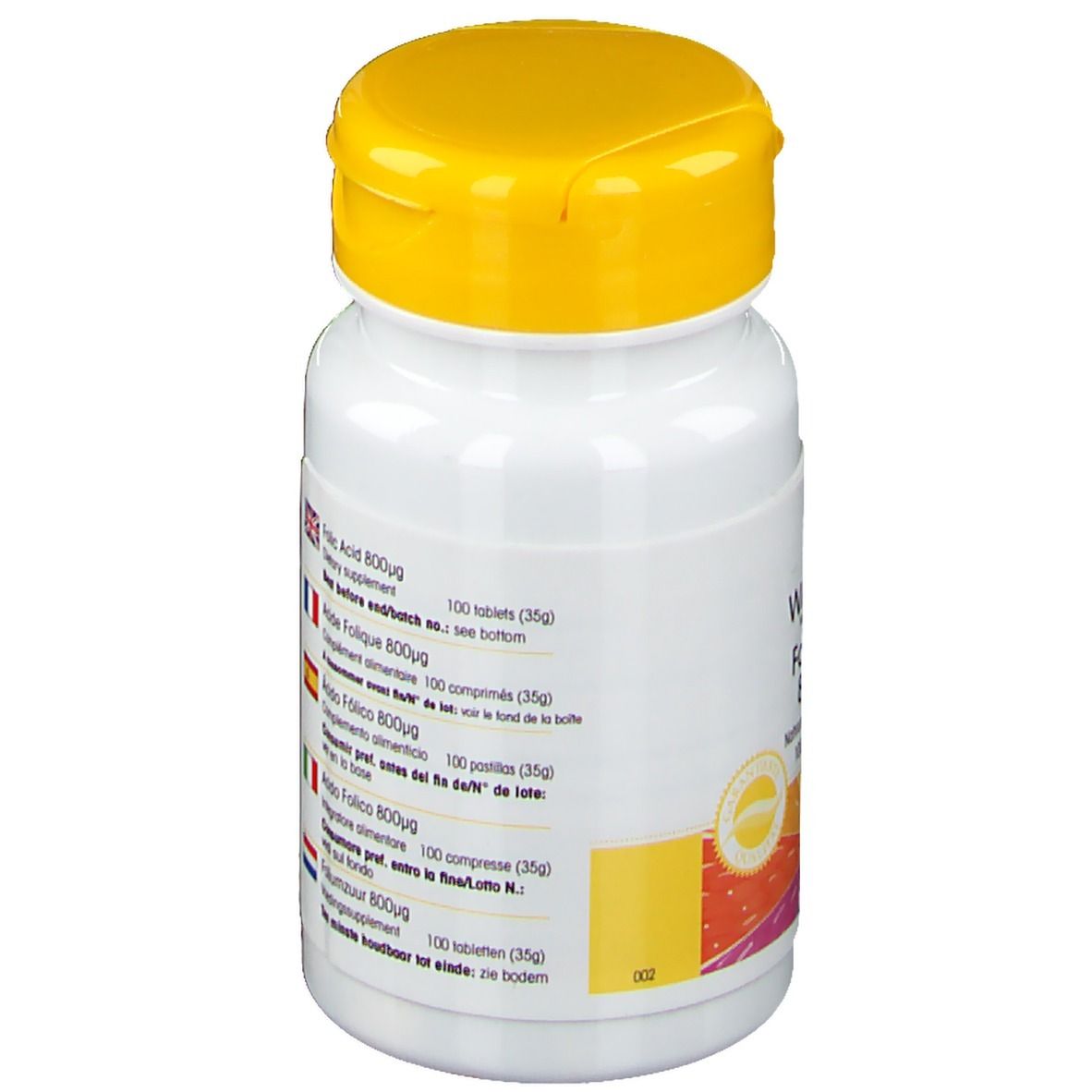 Dos du flacon de comprimés. Informations multilingues: Folic Acid 800μg, Acide folique 800μg, Acido Folico 800μg, Foliumzuur 800μg.