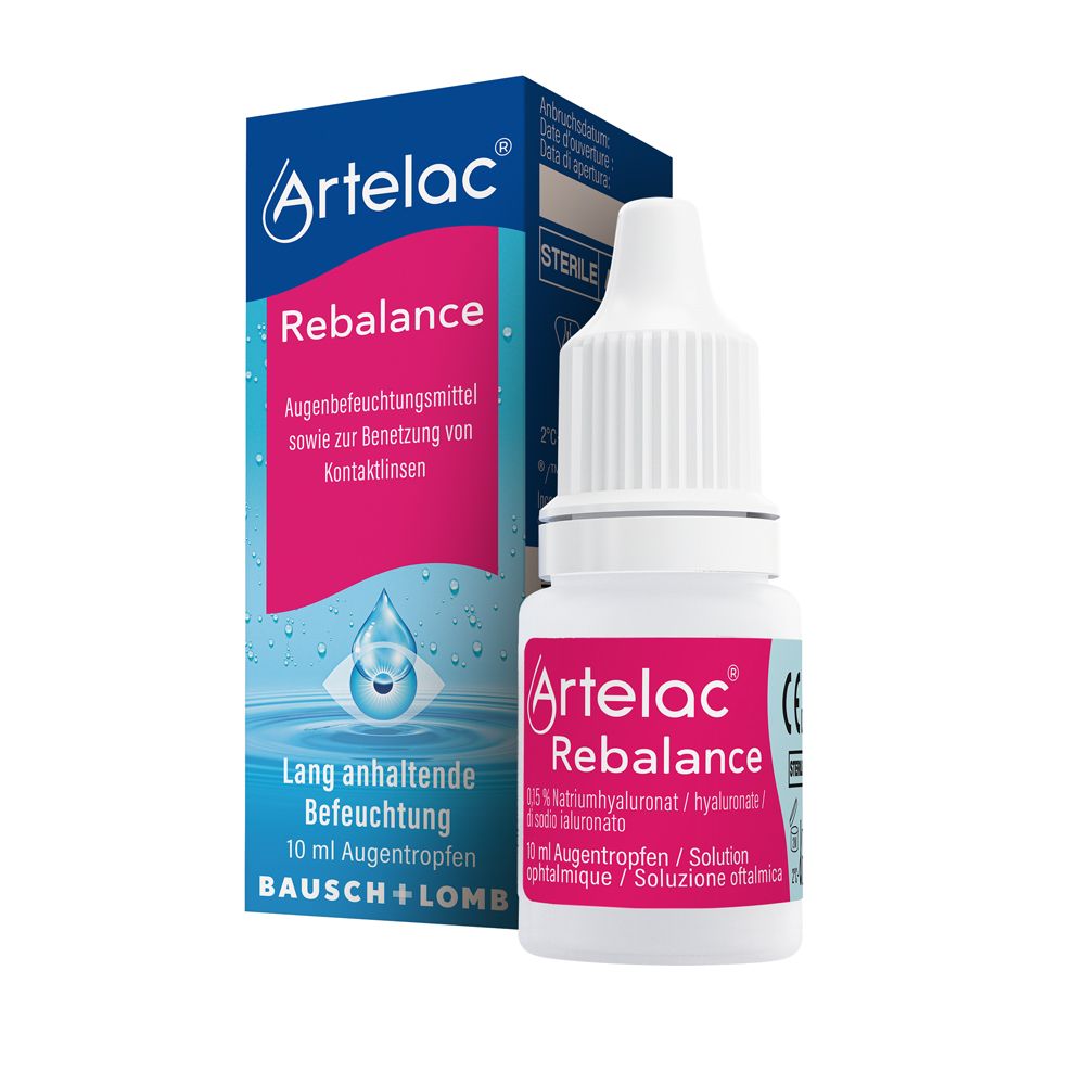 Artelac Rebalance gouttes pour les yeux et emballage. Flacon et boîte avec informations sur le produit. Bausch + Lomb.