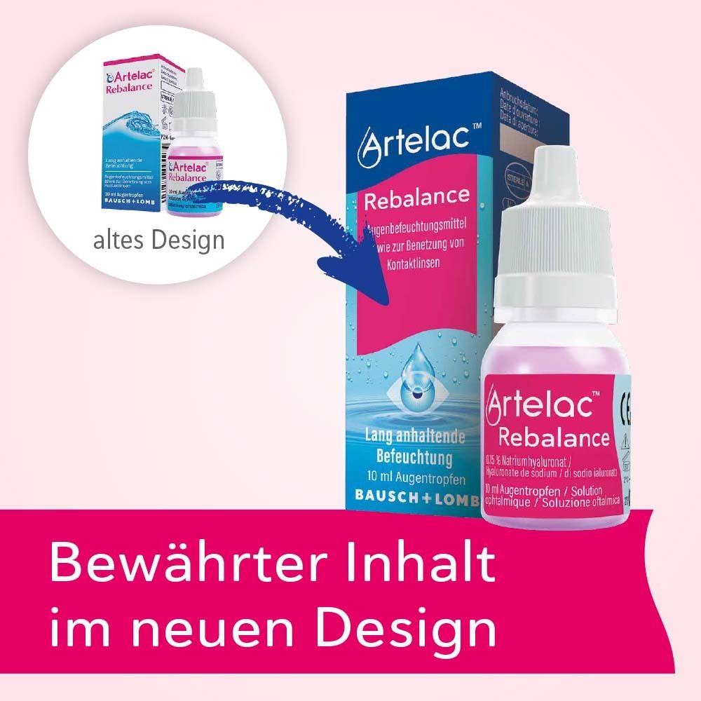 Comparaison d'Artelac Rebalance. Ancien et nouveau design. Flacon et emballage. Bausch + Lomb.