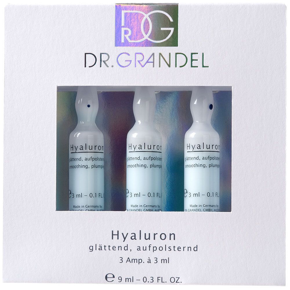 Boîte blanche avec trois ampoules. Logo DR. GRANDEL, nom du produit Hyaluron, texte. Emballage cosmétique.