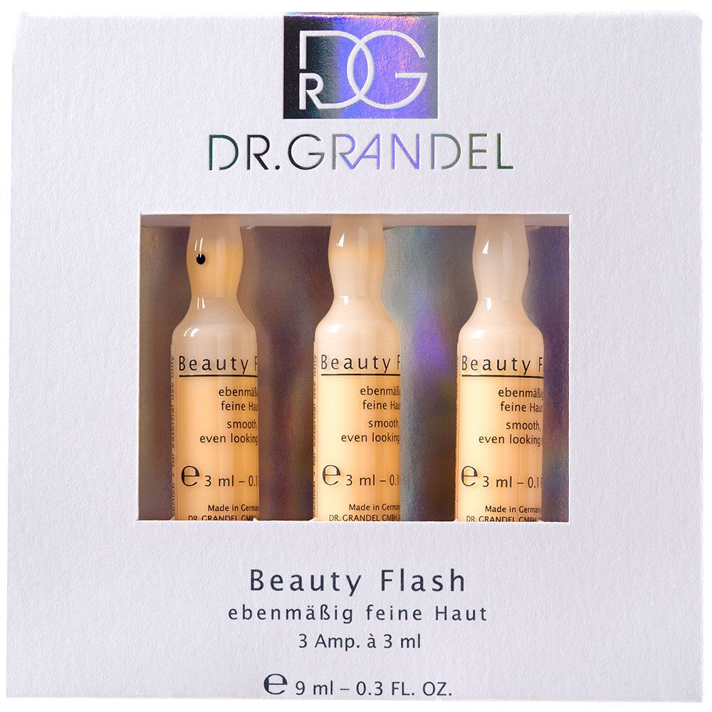 Boîte blanche avec trois ampoules. Inscription: DR. GRANDEL, Beauty Flash. 3 ampoules, 3 ml chacune.