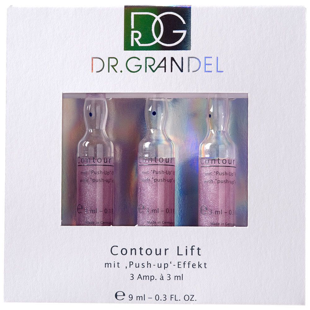 Verpakking met drie ampullen. Zichtbaar: Dr. Grandel, Contour Lift, 3 ampullen van 3 ml.