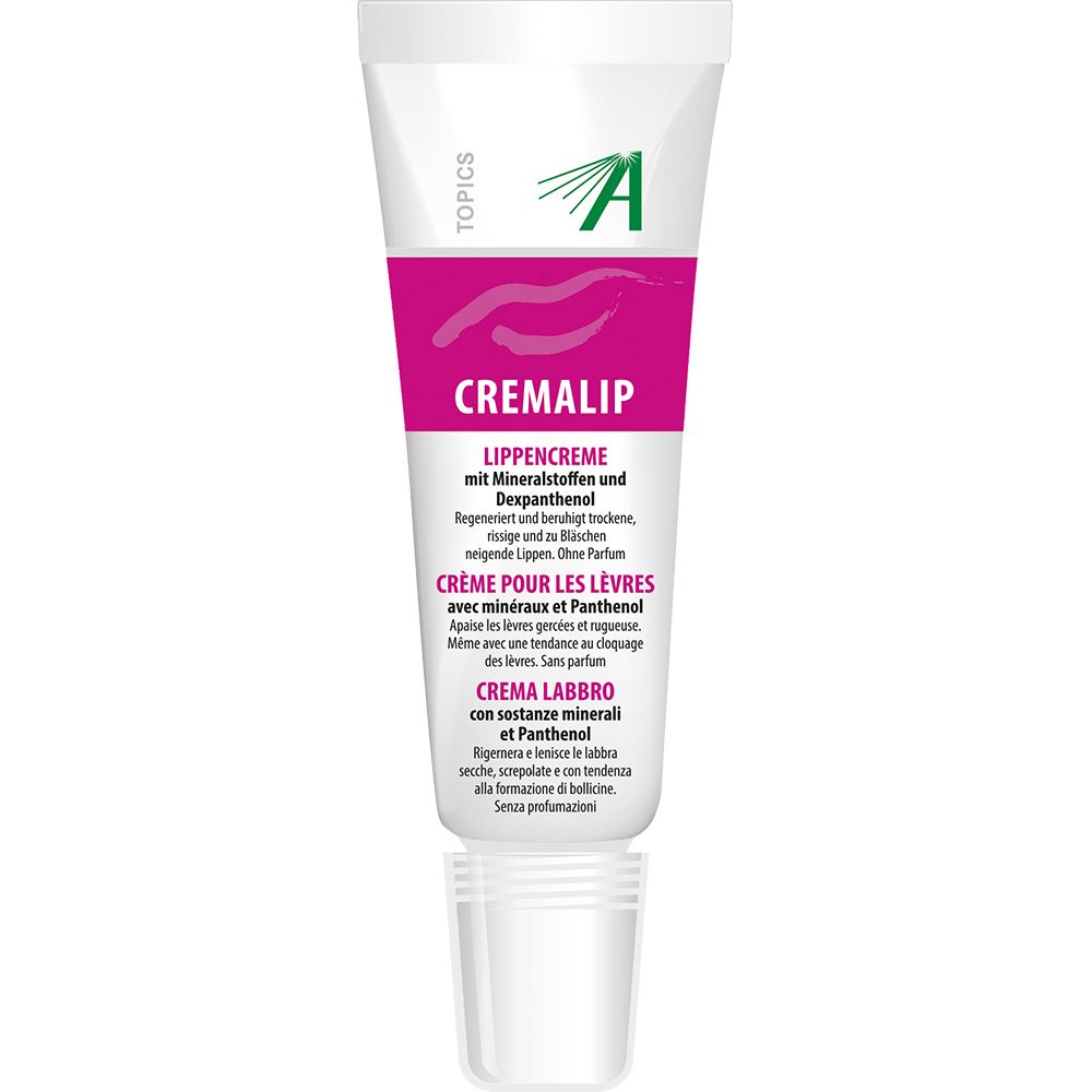 Tube de Crème pour les lèvres Cremalip. Blanc, étiquette rose. Texte: Cremalip, Crème pour les lèvres, Crema labbro, Lippencreme.