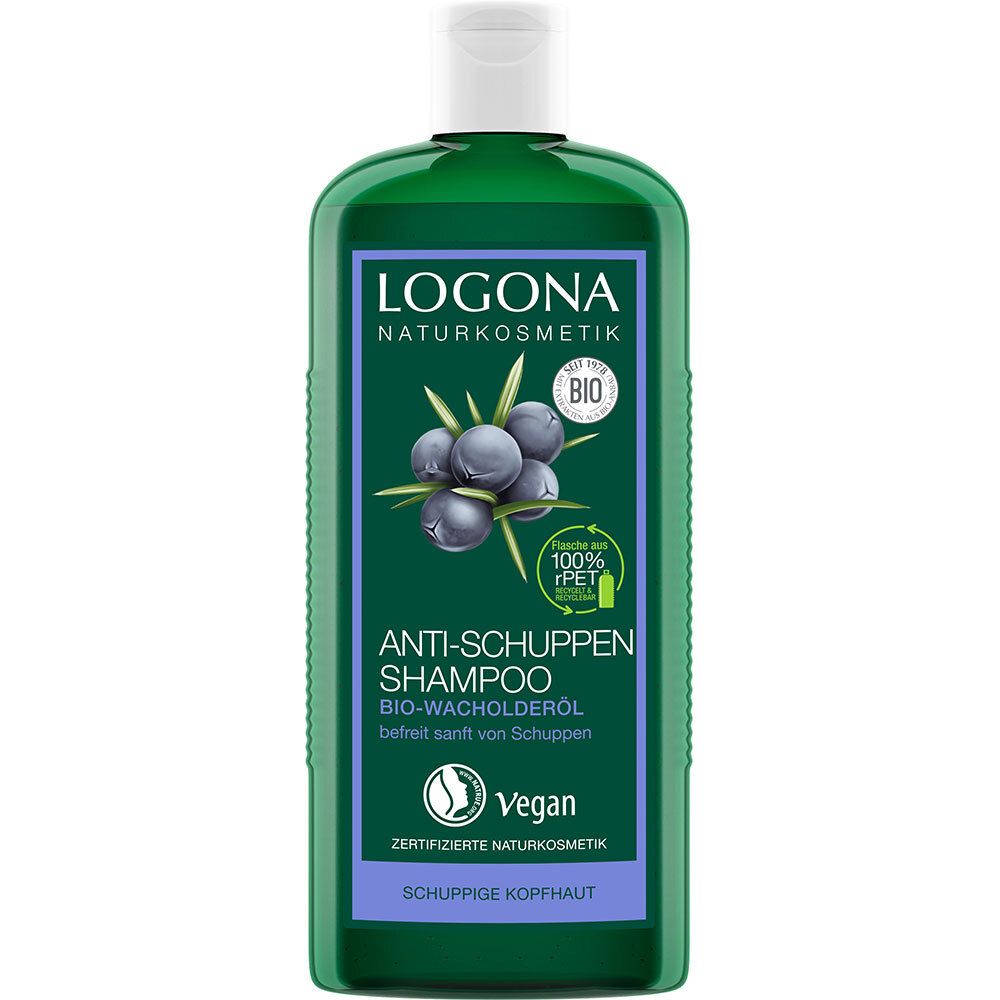Groene fles met witte dop. Opschrift: LOGONA Naturkosmetik, Anti-roos Shampoo, Bio-jeneverbesolie. Vegan-keurmerk.