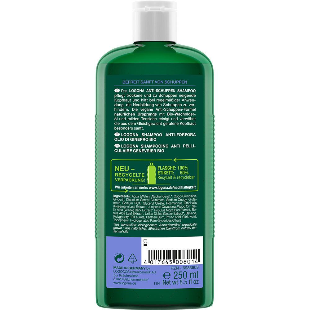 Achterkant van de groene fles. Tekst: LOGONA Anti-roos Shampoo. Ingrediënten. 250 ml. Gemaakt in Duitsland. Recycling informatie.