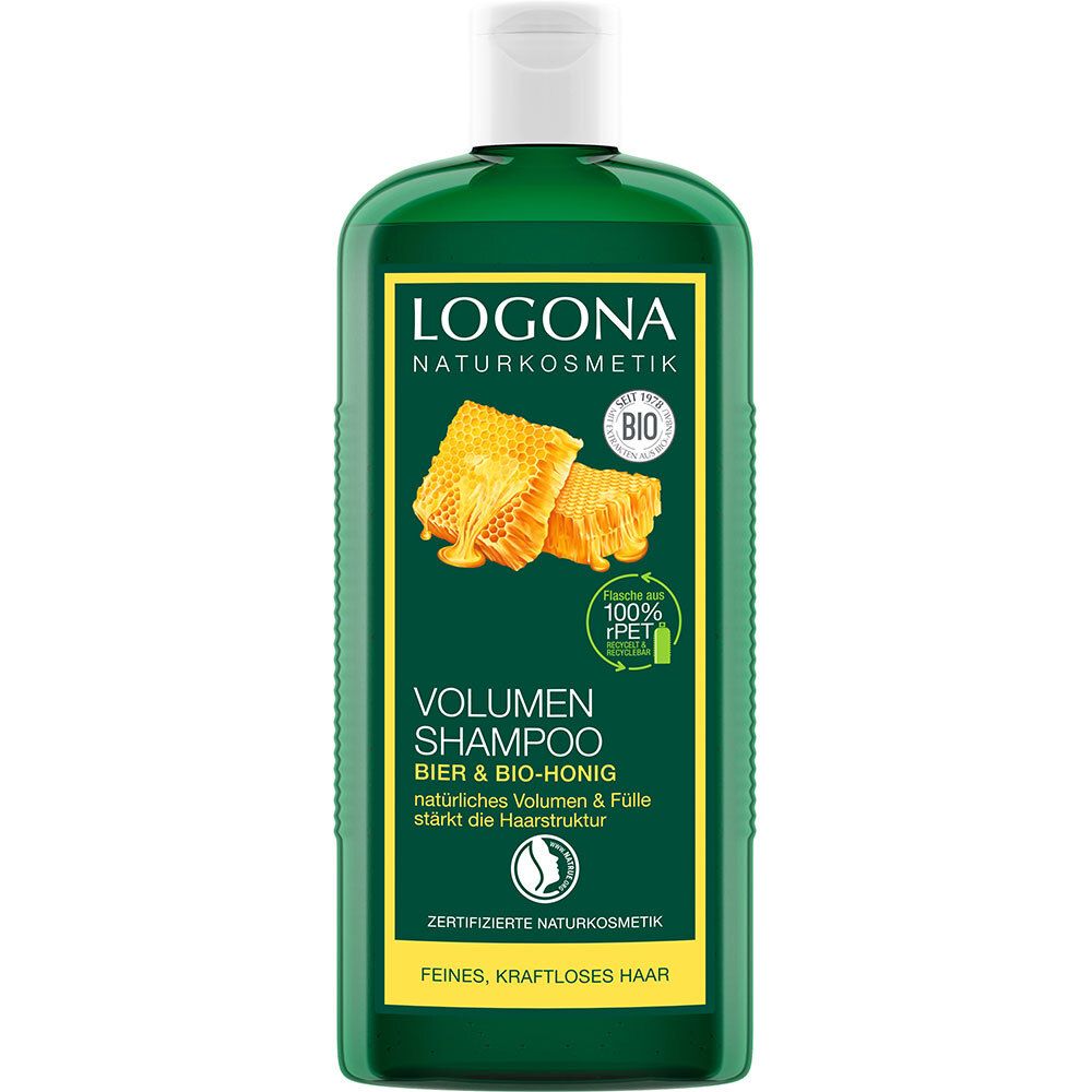Flacon de shampooing vert avec bouchon blanc. Logo et nom du produit. Illustration de rayons de miel. Cosmétiques naturels certifiés.