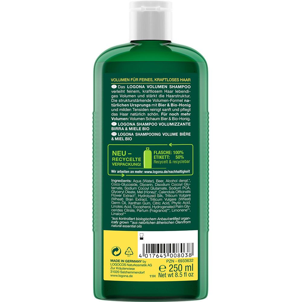 Dos du flacon de shampooing. Texte en plusieurs langues. Liste des ingrédients. Informations sur le recyclage. Informations du fabricant.