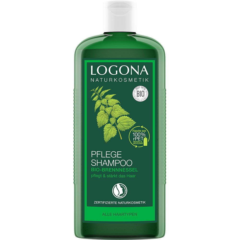 Flacon de shampooing vert avec bouchon blanc. Logo et nom du produit "Pflege Shampoo Bio-Brennnessel". Label bio.