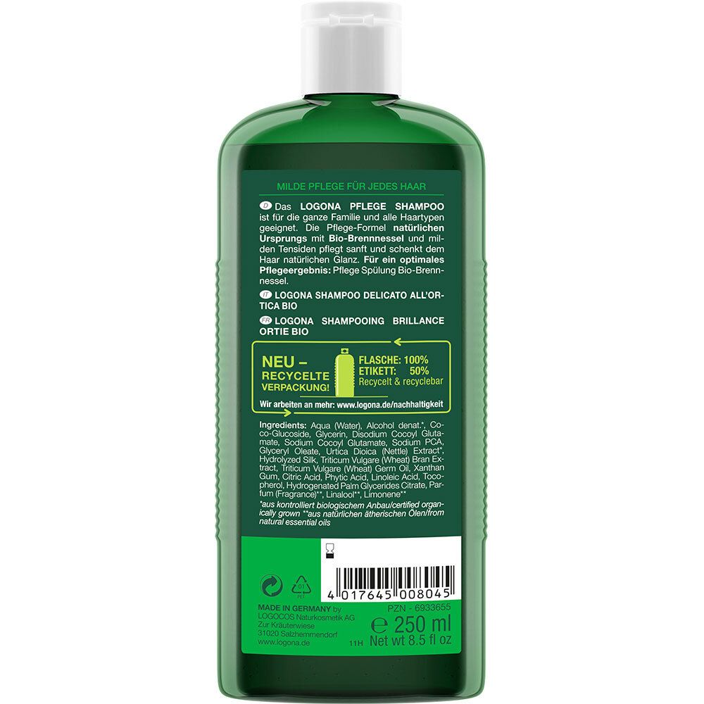 Dos du flacon de shampooing. Texte avec ingrédients et informations. "Flacon 100% PET recyclable".