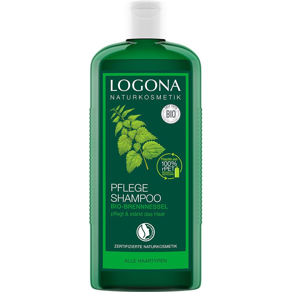 Bouteille verte, bouchon blanc. Inscription: LOGONA Naturkosmetik, Pflege Shampoo Bio-Brennnessel. Label bio.