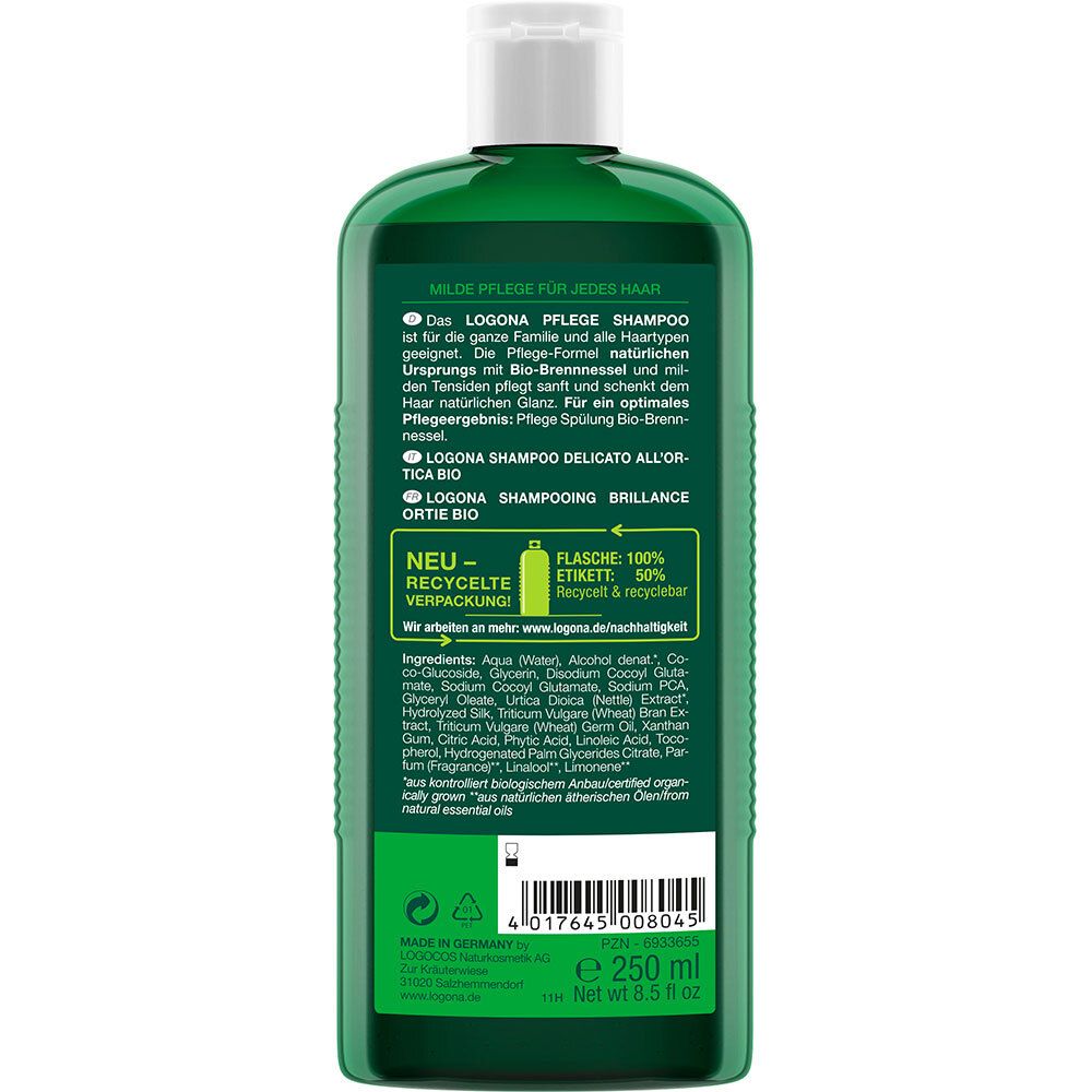 Dos de la bouteille verte. Texte: LOGONA Pflege Shampoo, ingrédients, info recyclage, code EAN, 250 ml.