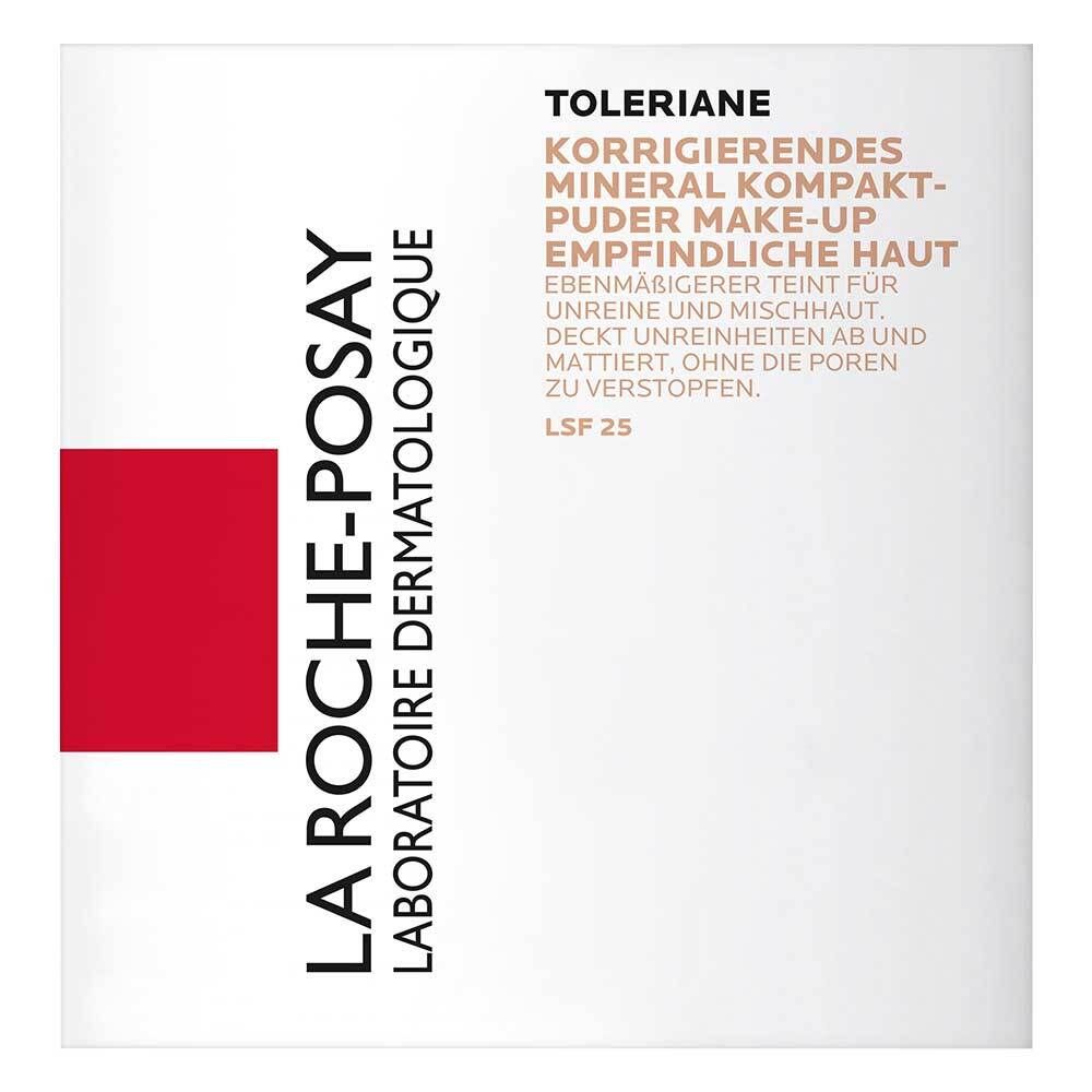 Emballage blanc avec informations produit. Texte : Toleriane, poudre compacte minérale correctrice, pour peaux sensibles. SPF 25.
