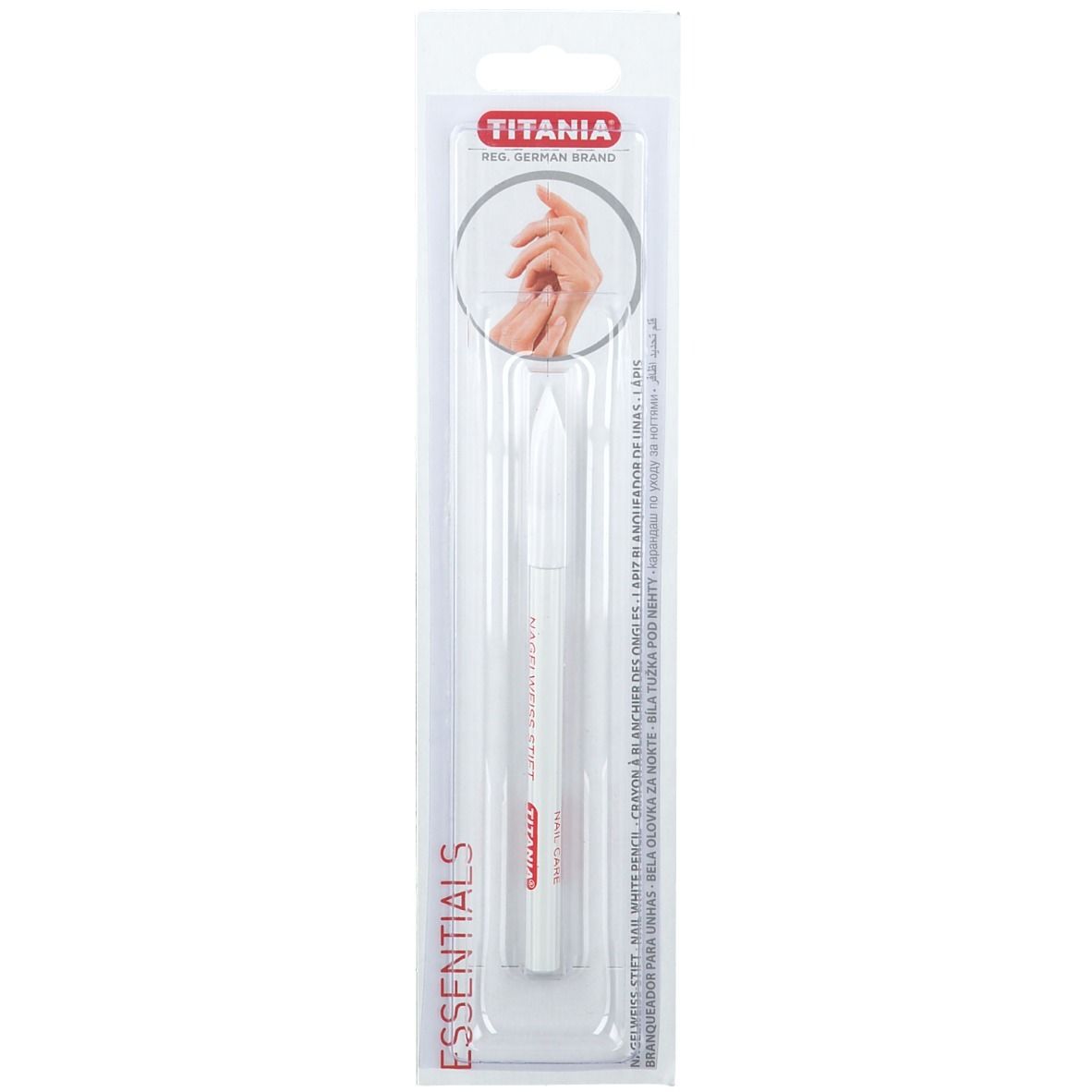TITANIA® nagelwitstift in verpakking. Witte stift met rode tekst. Handillustratie.