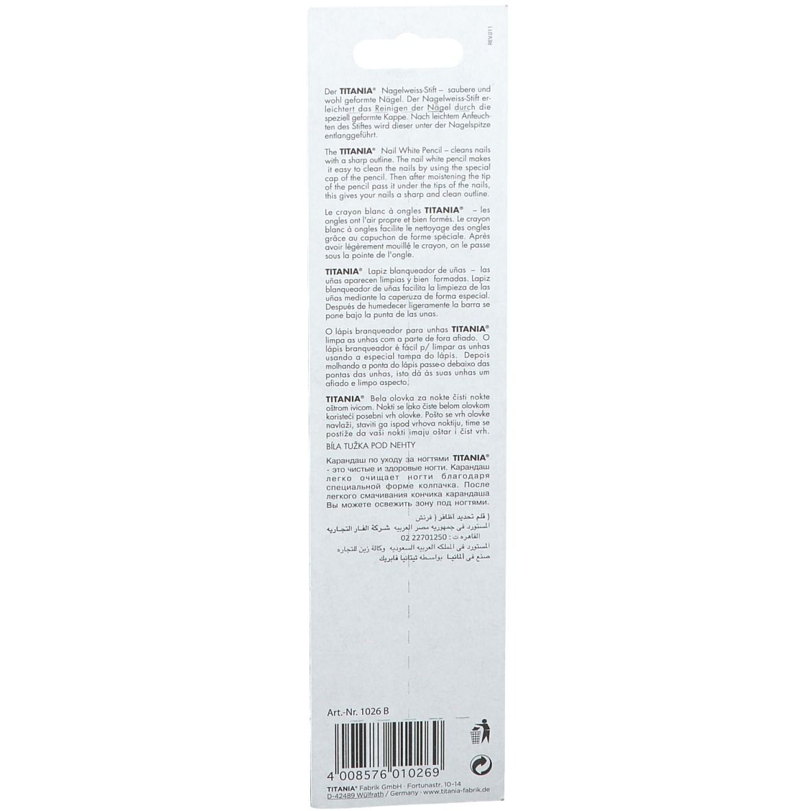 Achterkant van de TITANIA® nagelwitstift verpakking. Tekst in meerdere talen. Barcode onderaan.