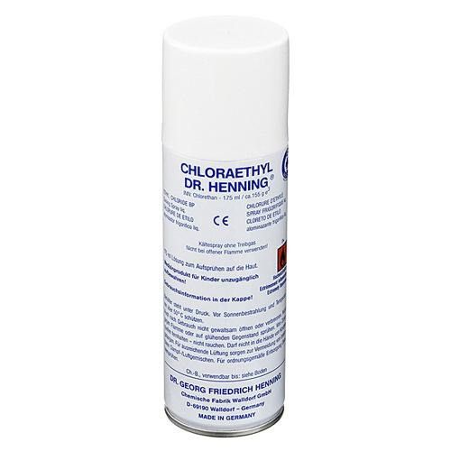 Bombe aérosol blanche avec informations produit. Inscription: Chloraethyl Dr. Henning®. Marque CE.