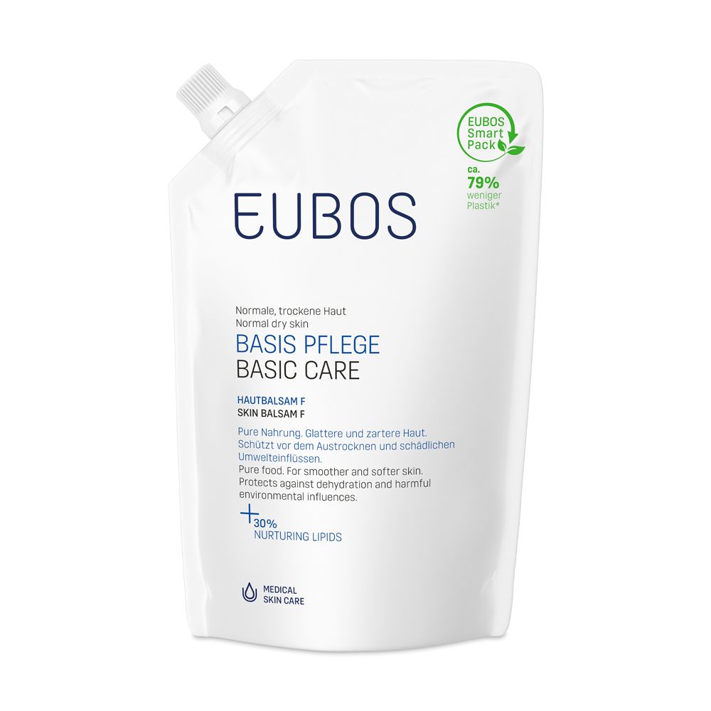 Recharge EUBOS Basis Pflege Hautbalsam F. Emballage blanc avec informations et logo du produit.