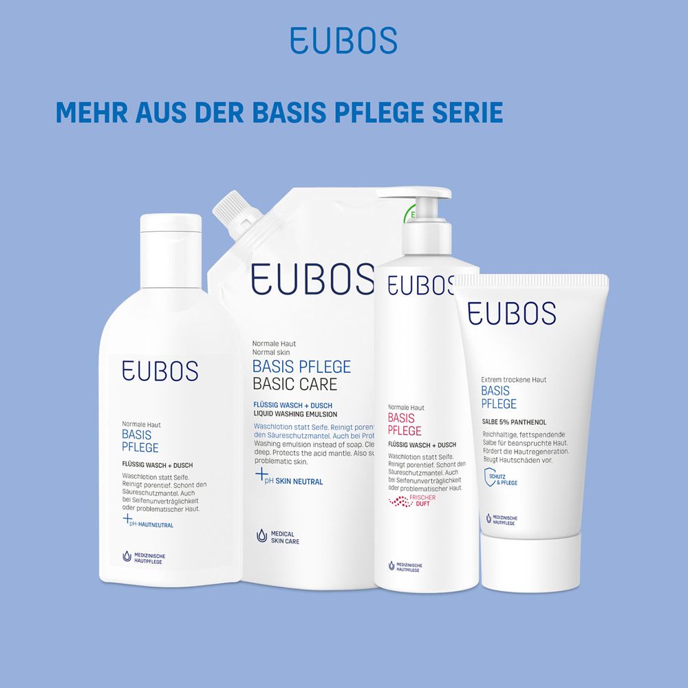 Différents produits EUBOS. Flacons, recharge et tube. Fond bleu avec texte.