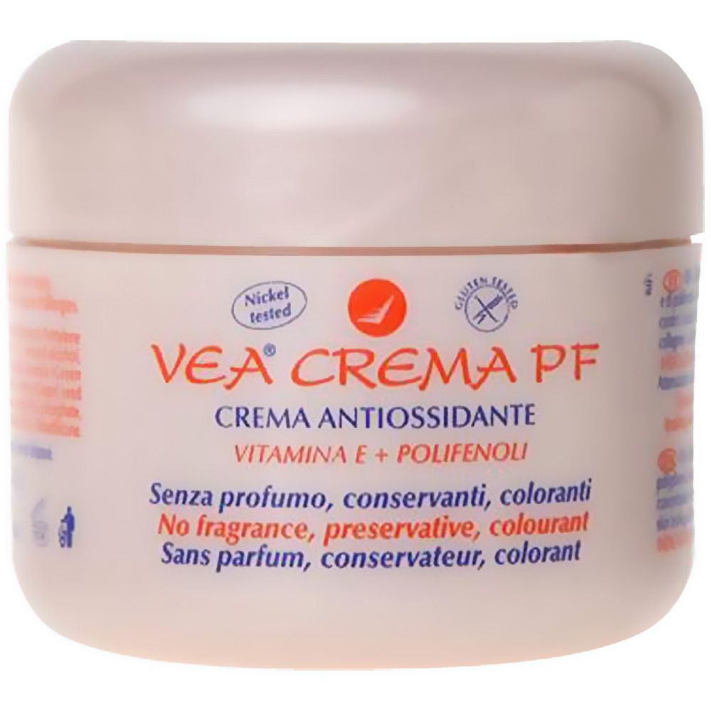Crèmepot met VEA® CREMA PF. Tekst: Antioxidantcrème, Vitamine E + Polyfenolen. Zonder parfum, conserveringsmiddelen, kleurstoffen. Nikkel getest.