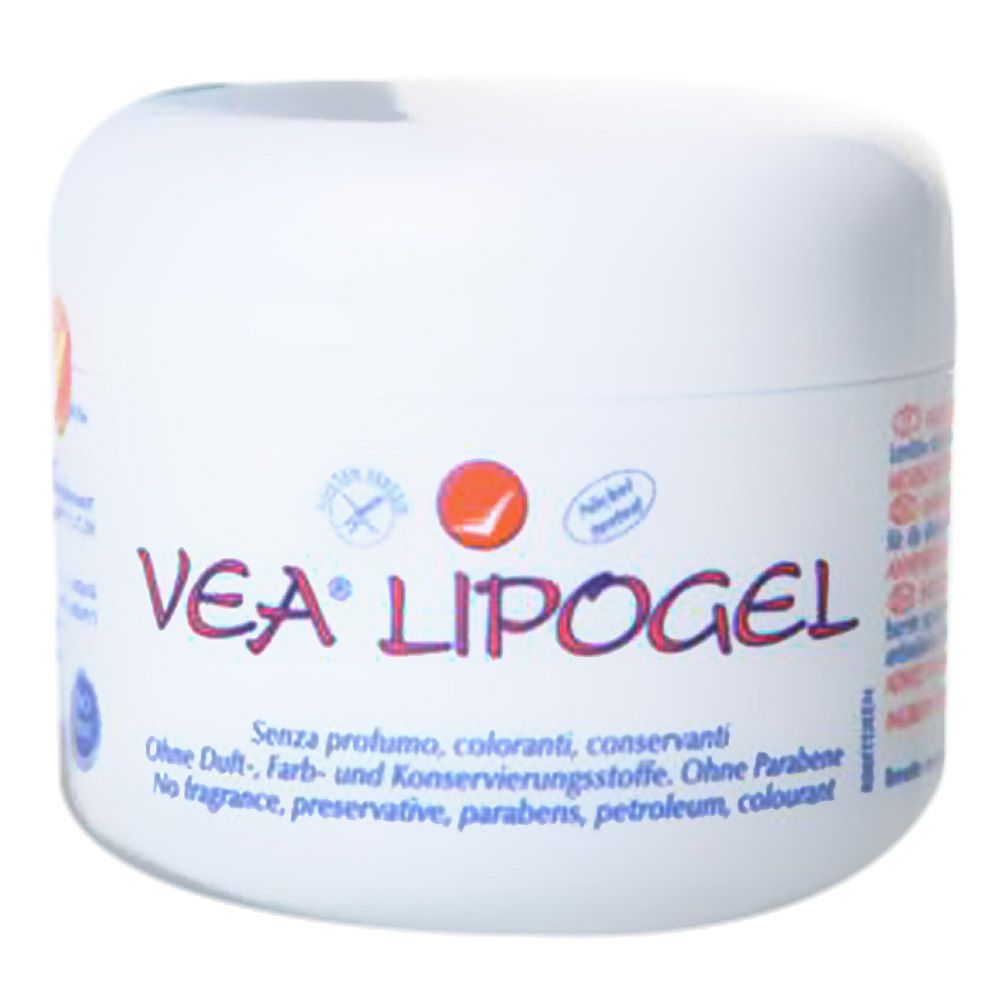 Pot blanc avec impression VEA® LIPOGEL. Sans parfum, colorants ni conservateurs. Sceau.