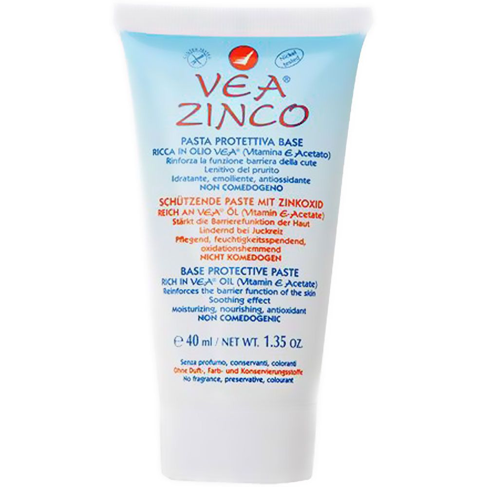 Tube bleu et blanc VEA® Zinco. Texte multilingue. 40 ml. Non comédogène.
