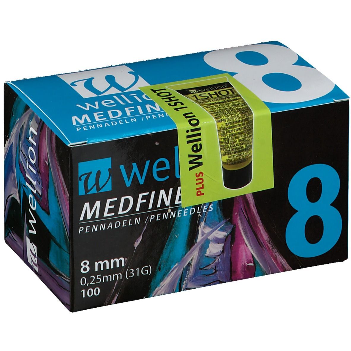 Doosje met pennaalden. Opschrift: WELLION MEDFINE plus, 8 mm, 0,25 mm (31G), 100. Groen-gele sticker: Wellion 1SHOT.