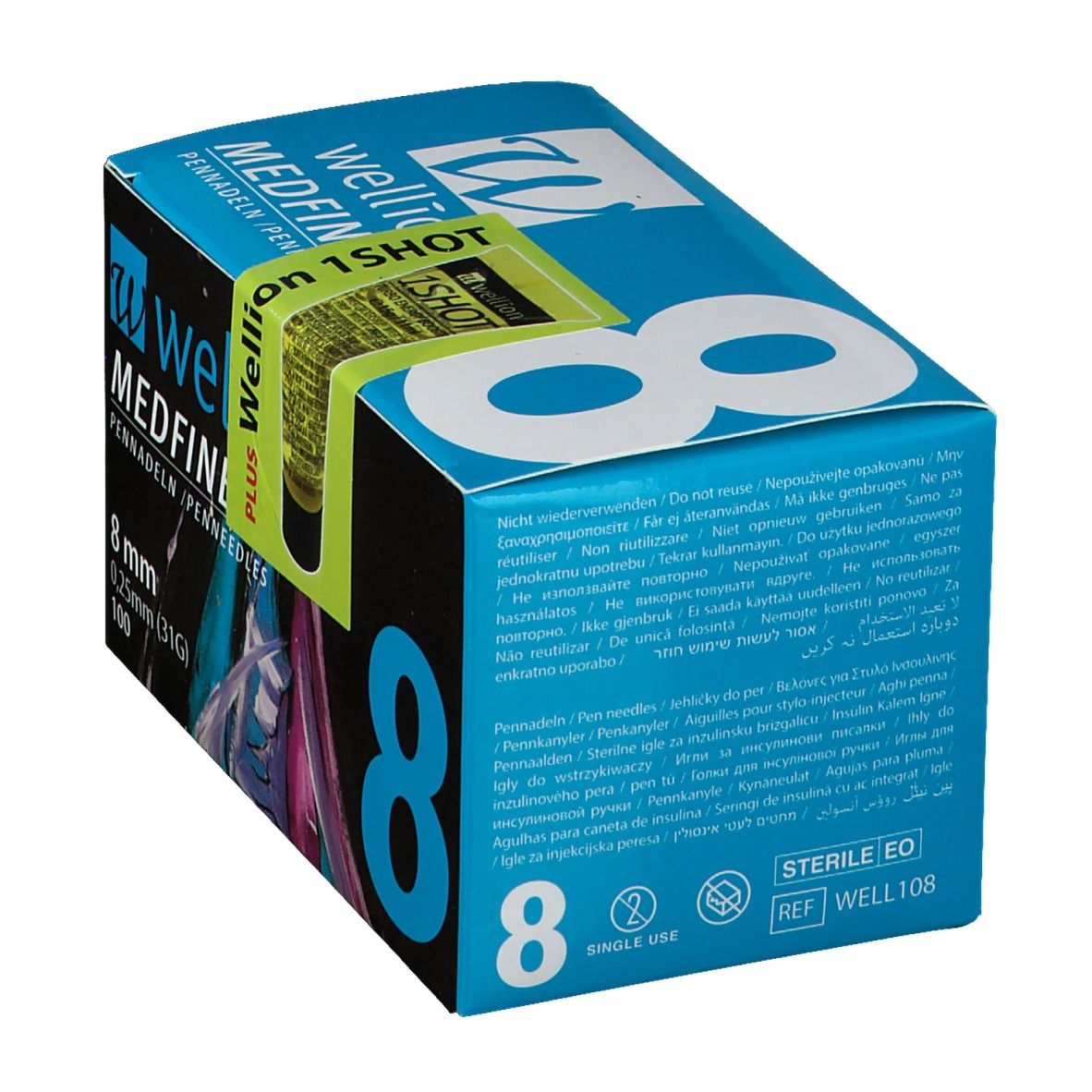 Doosje met pennaalden. Opschrift: WELLION MEDFINE plus, 8 mm, 0,25 mm (31G), 100. Sticker: Wellion 1SHOT. Meertalige tekst.