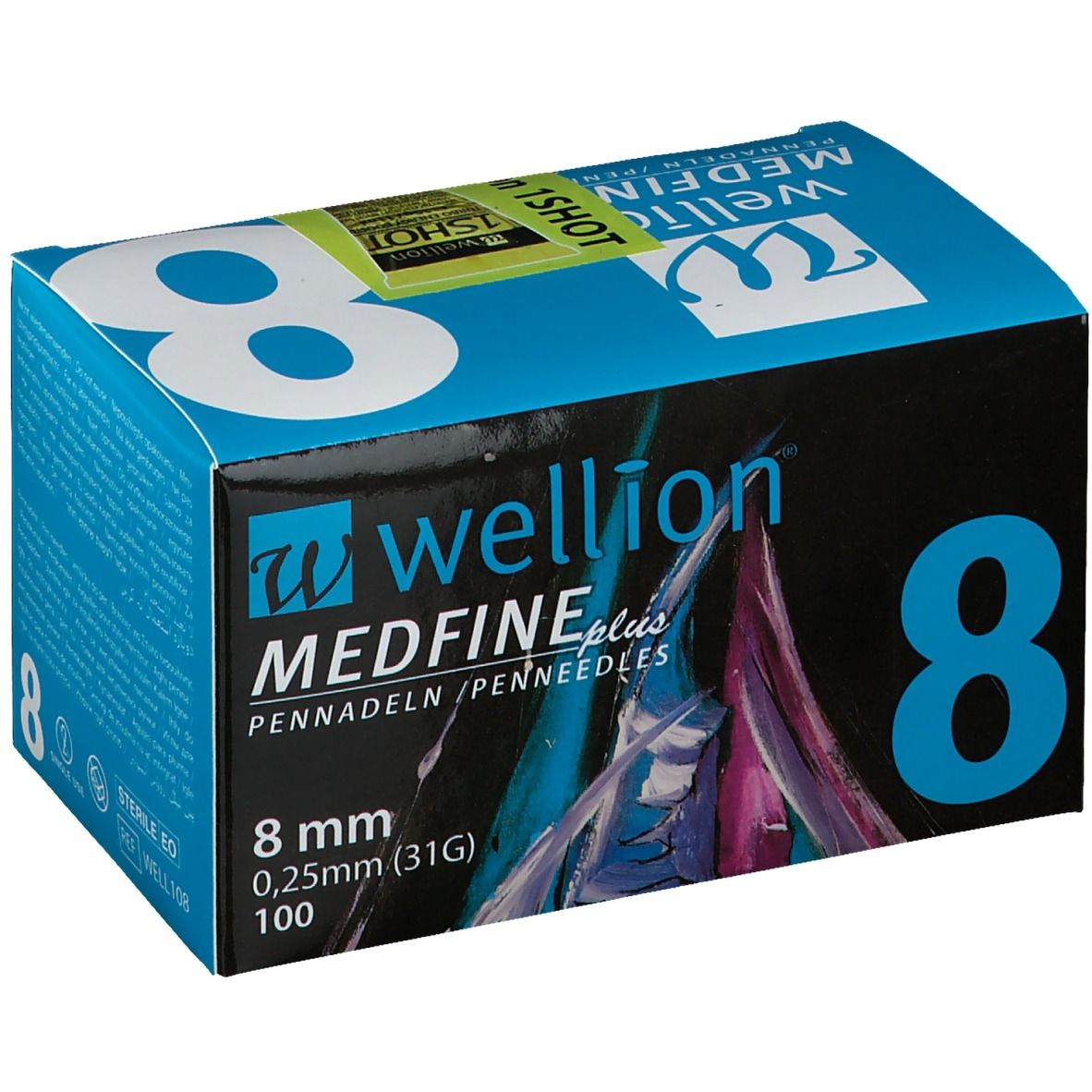 Doosje met pennaalden. Opschrift: WELLION MEDFINE plus, 8 mm, 0,25 mm (31G), 100. Groot blauw cijfer 8. Groen-gele sticker: Wellion 1SHOT.