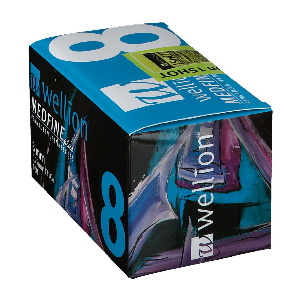 Doosje met pennaalden. Opschrift: WELLION MEDFINE plus, 8 mm, 0,25 mm (31G), 100. Groot blauw cijfer 8. Groen-gele sticker: Wellion 1SHOT.
