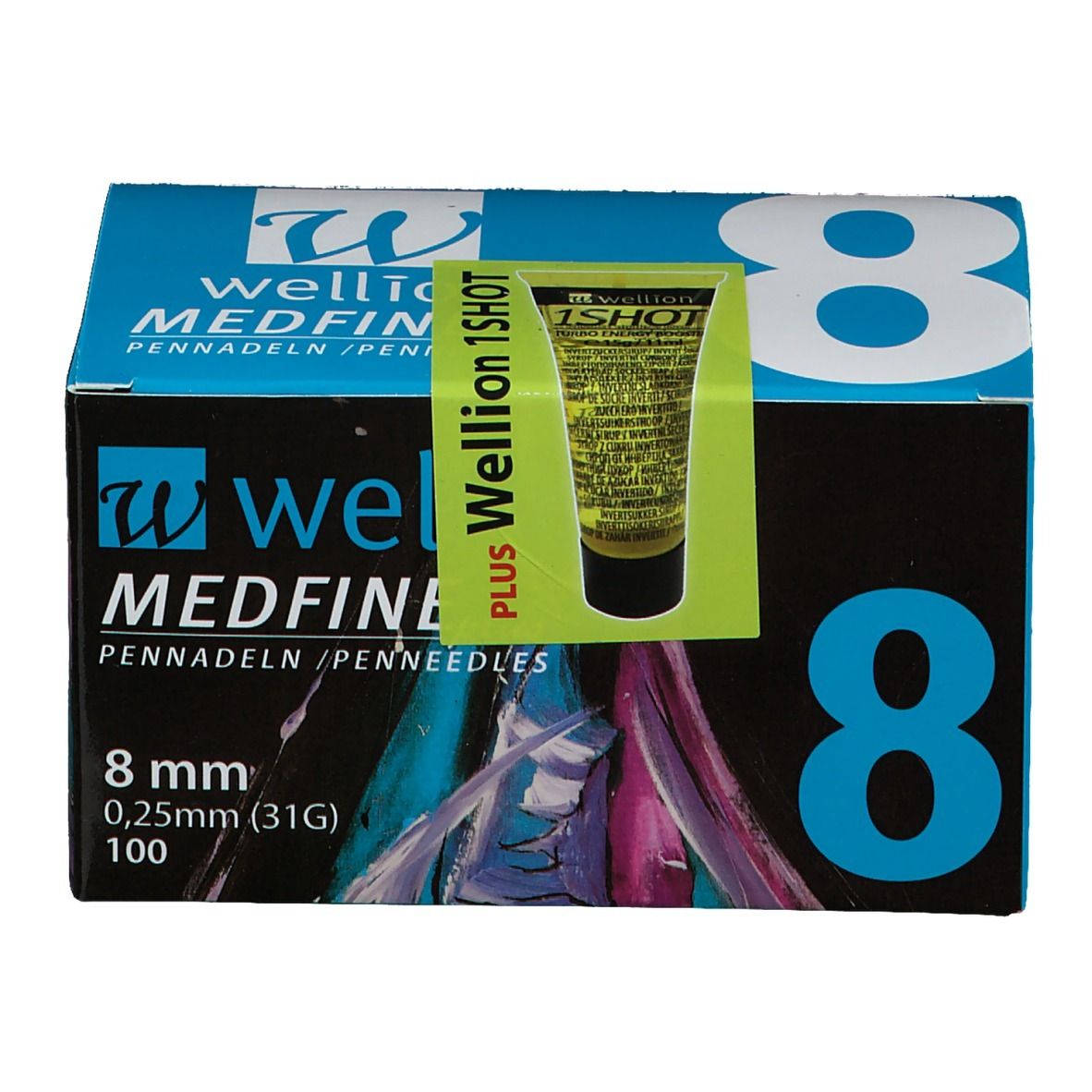 Doosje met pennaalden. Opschrift: WELLION MEDFINE plus, 8 mm, 0,25 mm (31G), 100. Groen-gele sticker: Wellion 1SHOT. Blauwe en zwarte kleuren.