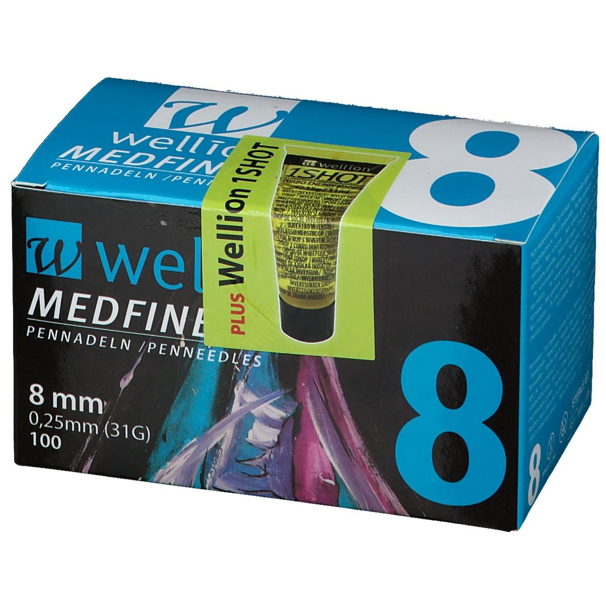 Doosje met pennaalden. Opschrift: WELLION MEDFINE plus, 8 mm, 0,25 mm (31G), 100. Groen-gele sticker: Wellion 1SHOT. Blauwe en zwarte kleuren.