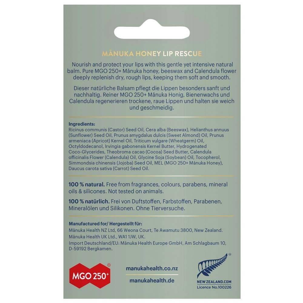 Arrière de l'emballage Manuka Honey Lip Balm avec ingrédients et informations fabricant.