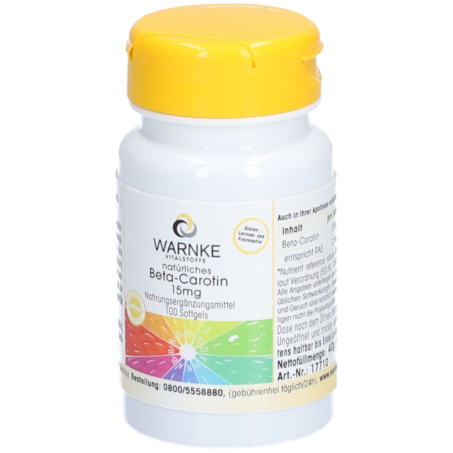 Flacon blanc avec couvercle jaune. Inscription: WARNKE Beta-Carotin 15mg. 100 gélules. Arc-en-ciel coloré.