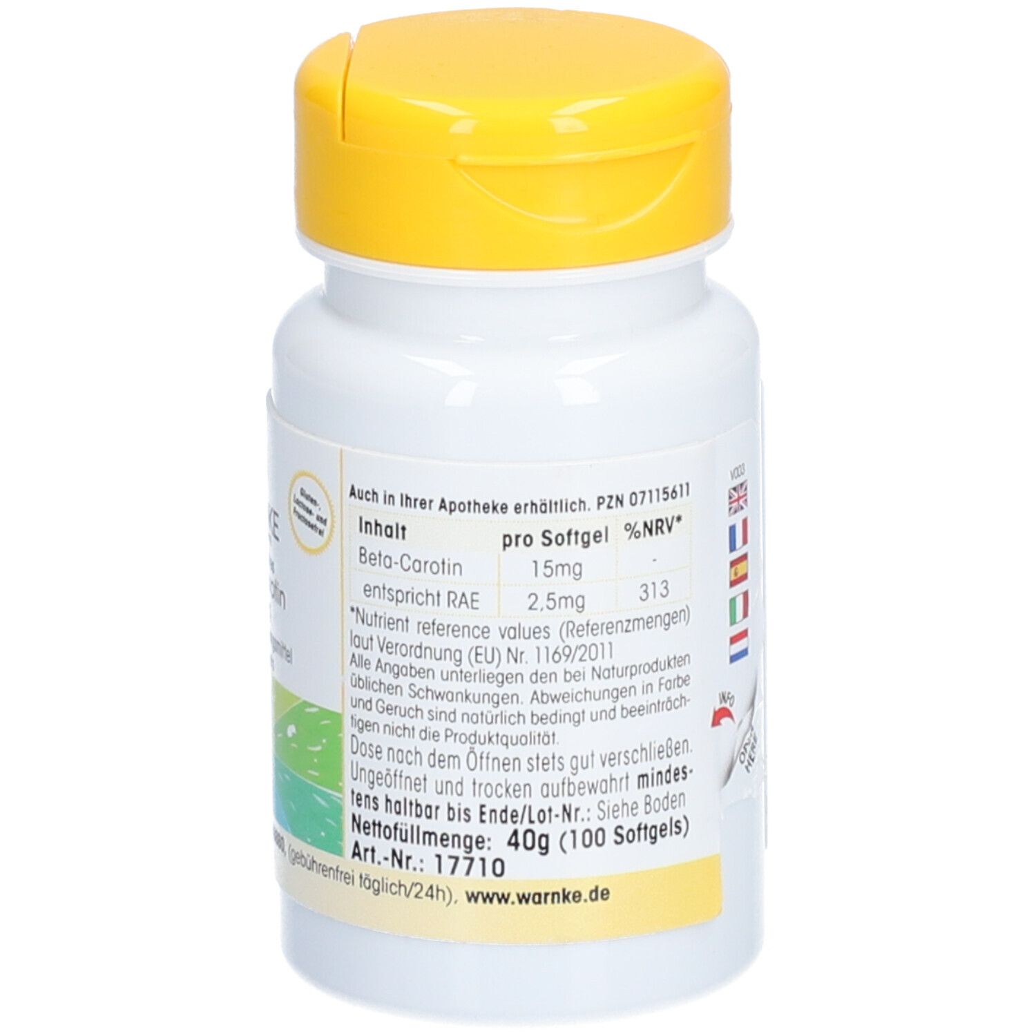 Flacon blanc avec couvercle jaune. Inscription: WARNKE Beta-Carotin 15mg. 100 gélules. Valeurs %VNR.