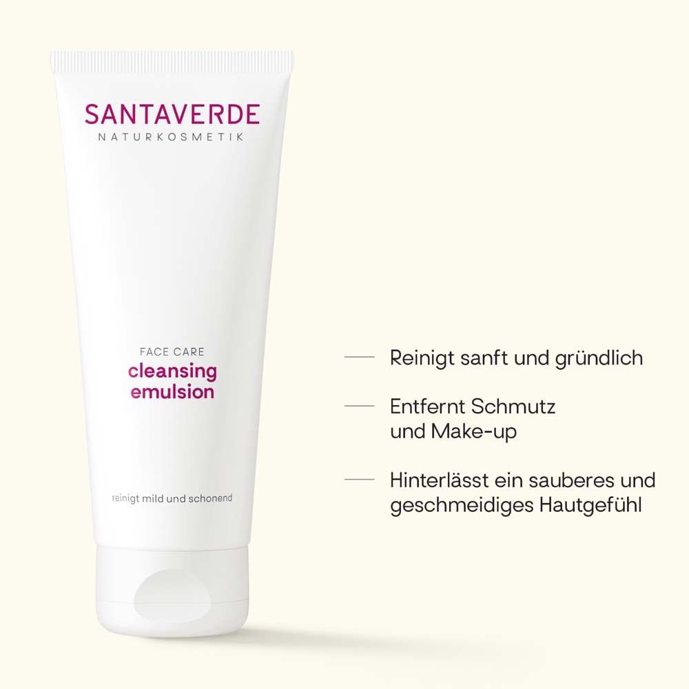 Tube blanche avec inscription SANTAVERDE NATURKOSMETIK, contient une émulsion nettoyante.