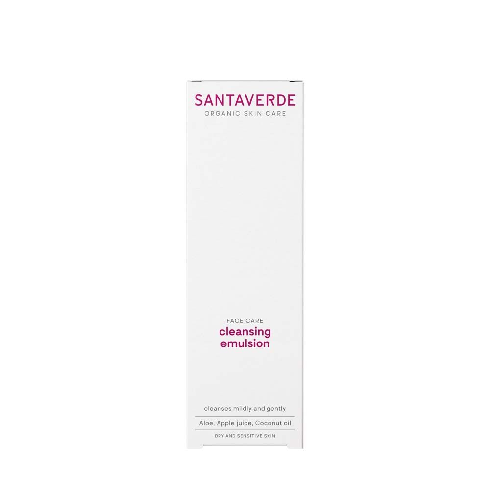 Emballage blanc pour émulsion nettoyante SANTA VERDE. Contient aloès, jus de pomme, huile de coco.