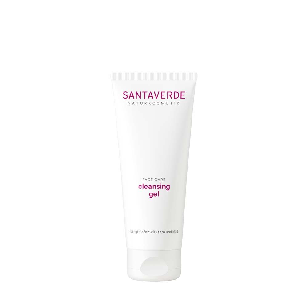 Witte tube met SANTAVERDE NATURKOSMETIK opschrift. Face Care Cleansing Gel.
