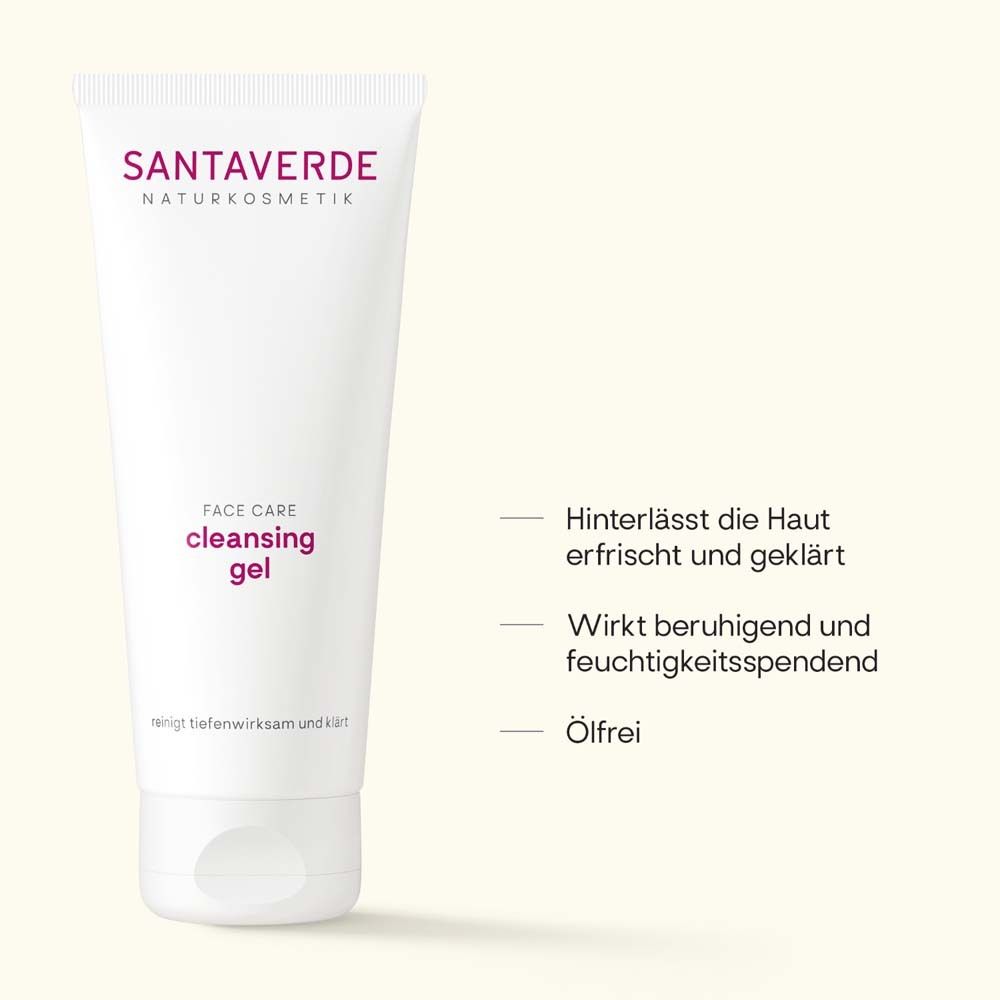 Witte tube met SANTA VERDE NATURKOSMETIK opschrift en 'cleansing gel' vermelding. Olievrij.