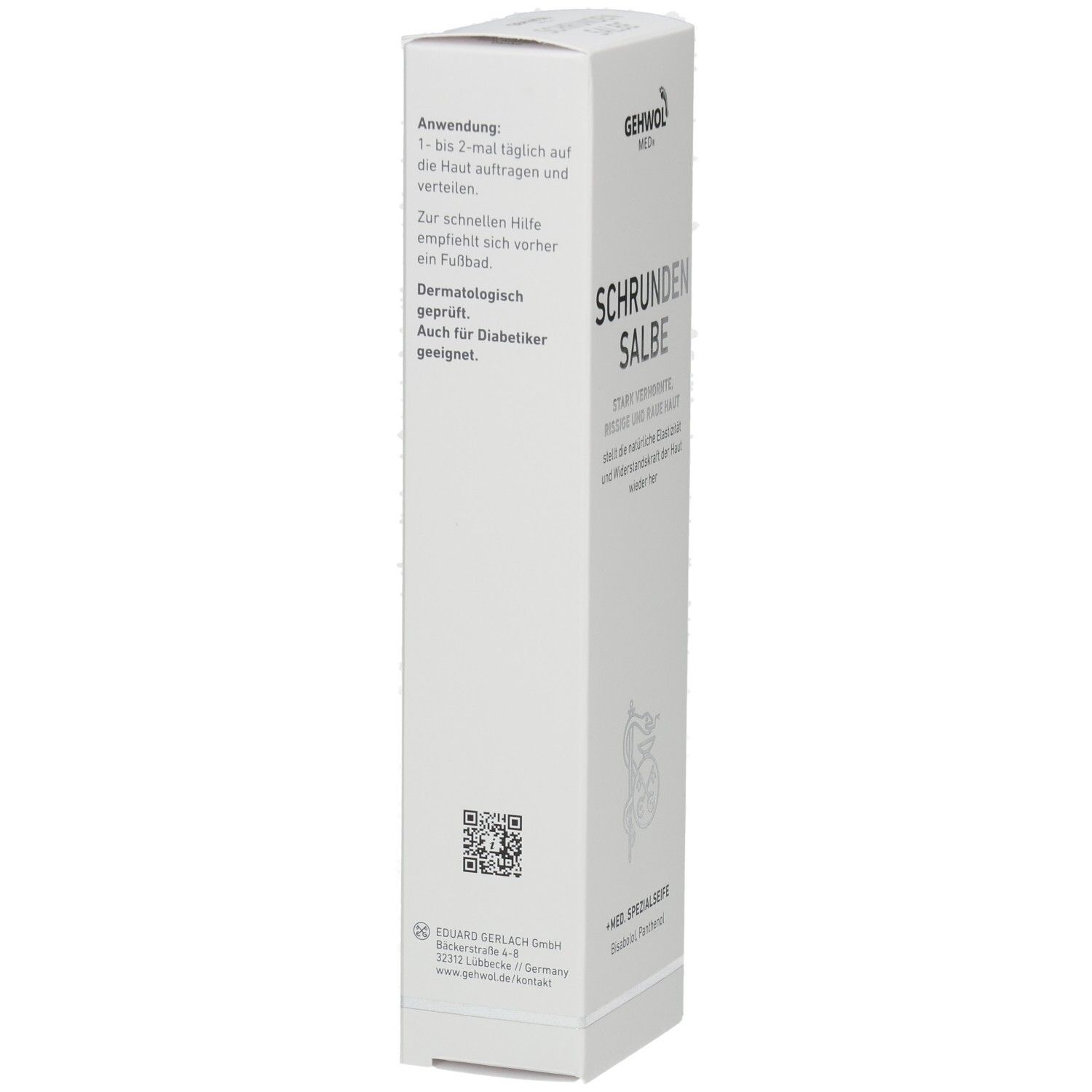 Achterkant van de GEHWOL med. Kloven-Zalf tube met gebruiksinstructies en dermatologisch getest.