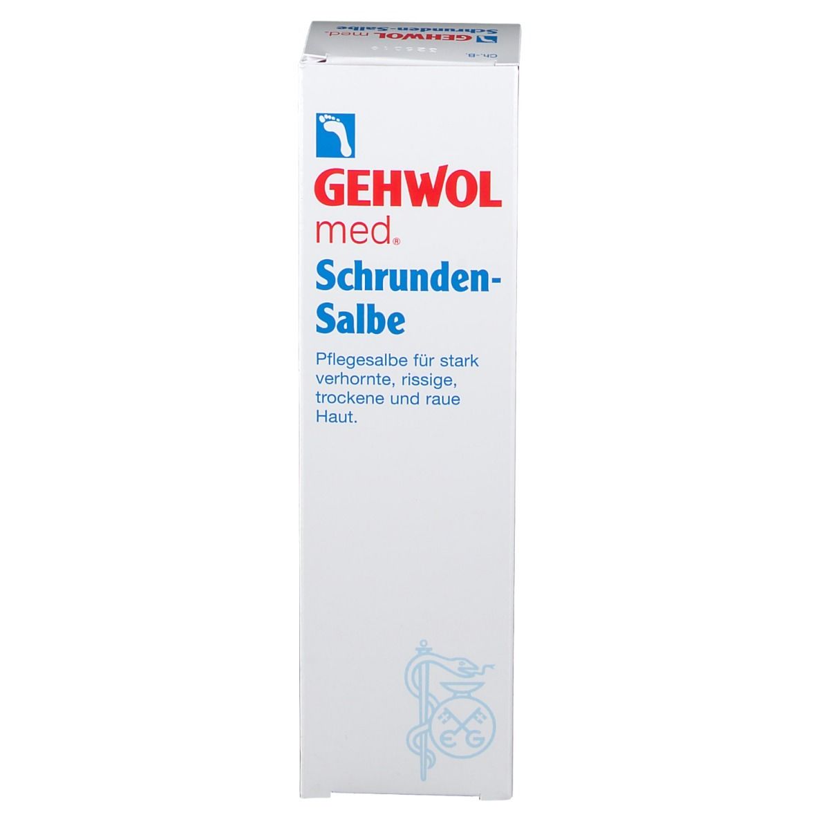 Zijaanzicht van de GEHWOL med. Kloven-Zalf verpakking. Kartonnen doos met gebruiksinstructies en zegel.