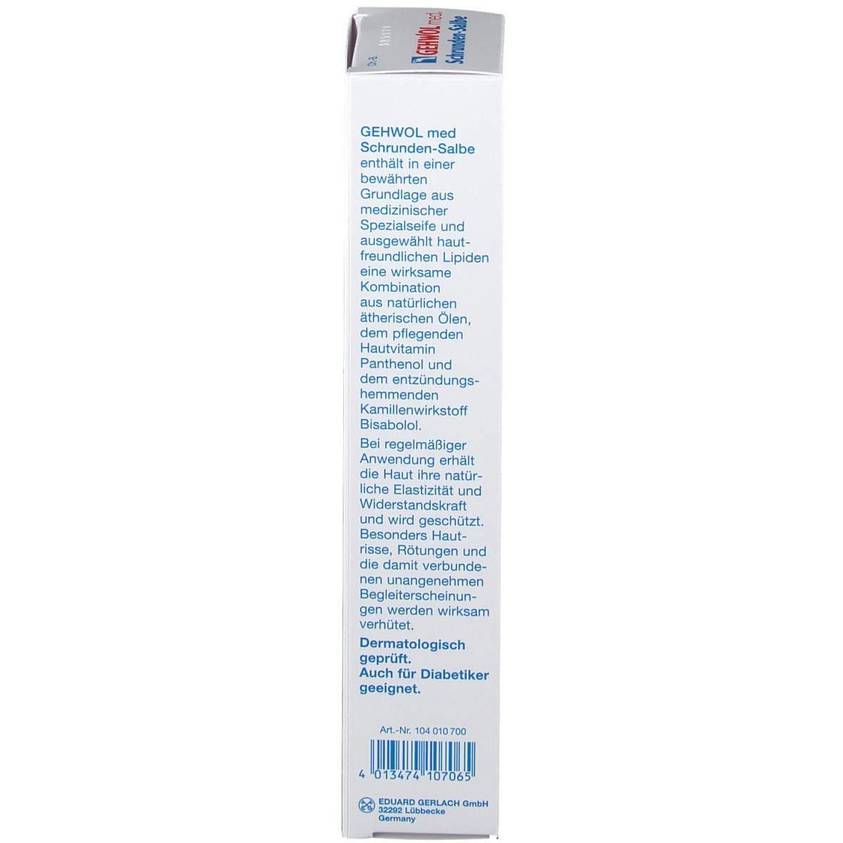 Achterkant van de GEHWOL med. Kloven-Zalf verpakking. Kartonnen doos met gedetailleerde productinformatie en barcode.