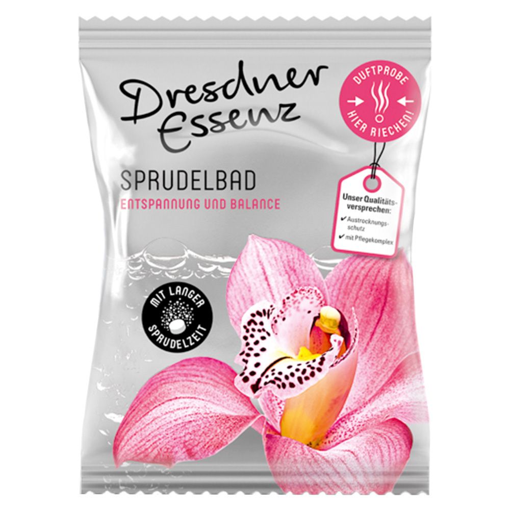 Zakje met productopdruk. Tekst: Dresdner Essenz, Sprudelbad Entspannung & Balance. Afbeelding van een orchidee. Label met kwaliteitsbelofte.