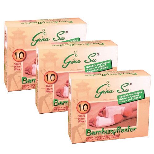 Trois boîtes de Gina Su® Bambuspflaster. Chaque boîte contient 10 pièces. Inscription: Bambuspflaster, Chi-Detox, Original.