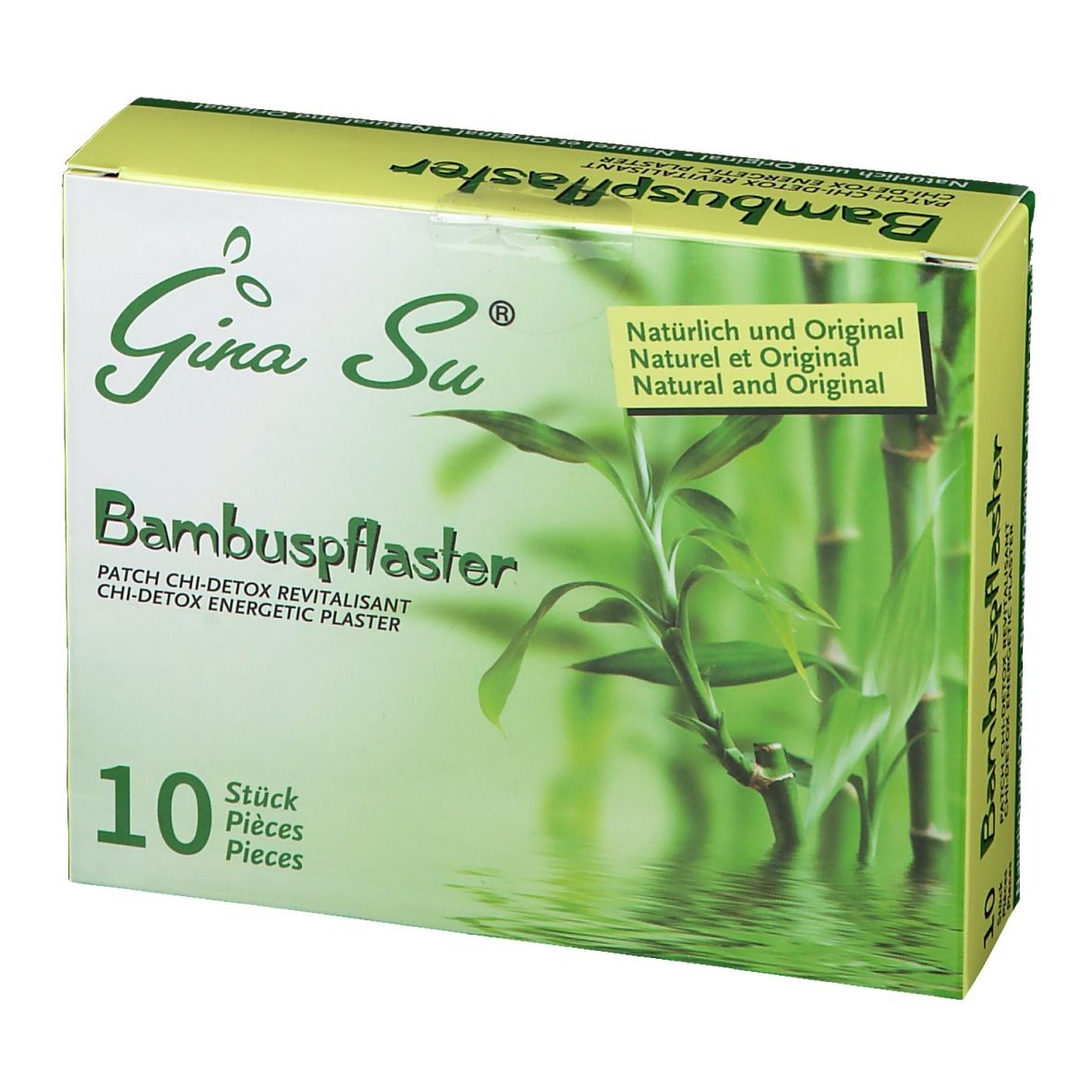 Emballage du produit avec logo et nom du produit. Emballage vert et jaune avec motif bambou et inscription "10 pièces".
