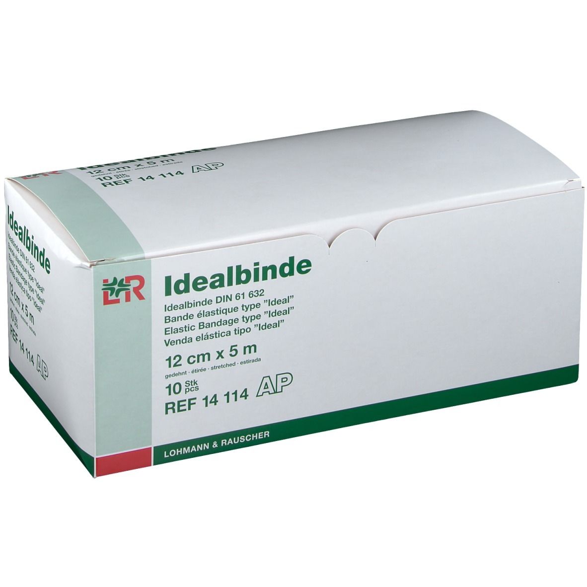 Boîte blanche, accents verts. Inscription Idealbinde, 12 cm x 5 m, 10 pièces. Marque Lohmann & Rauscher.