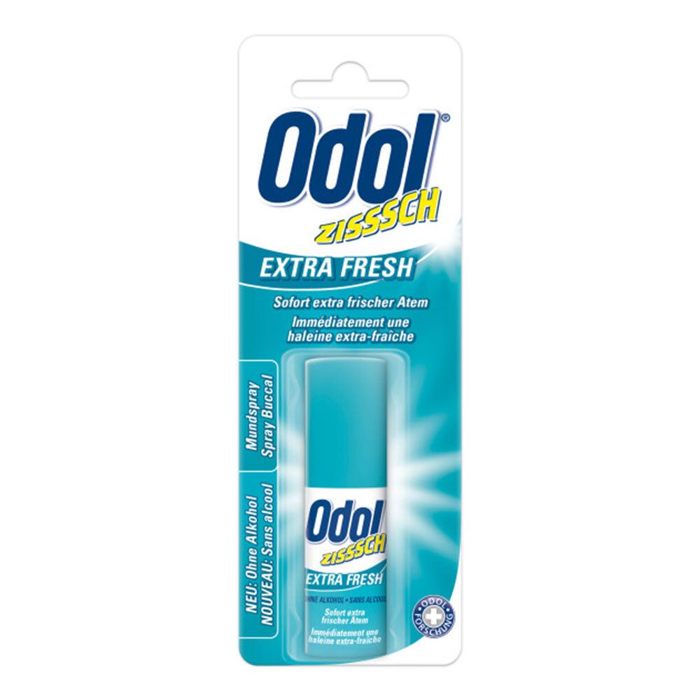 Spray buccal Odol ZISSSSCH Extra Frisch en blister. Design turquoise et blanc. Nom du produit et texte sur l'emballage.