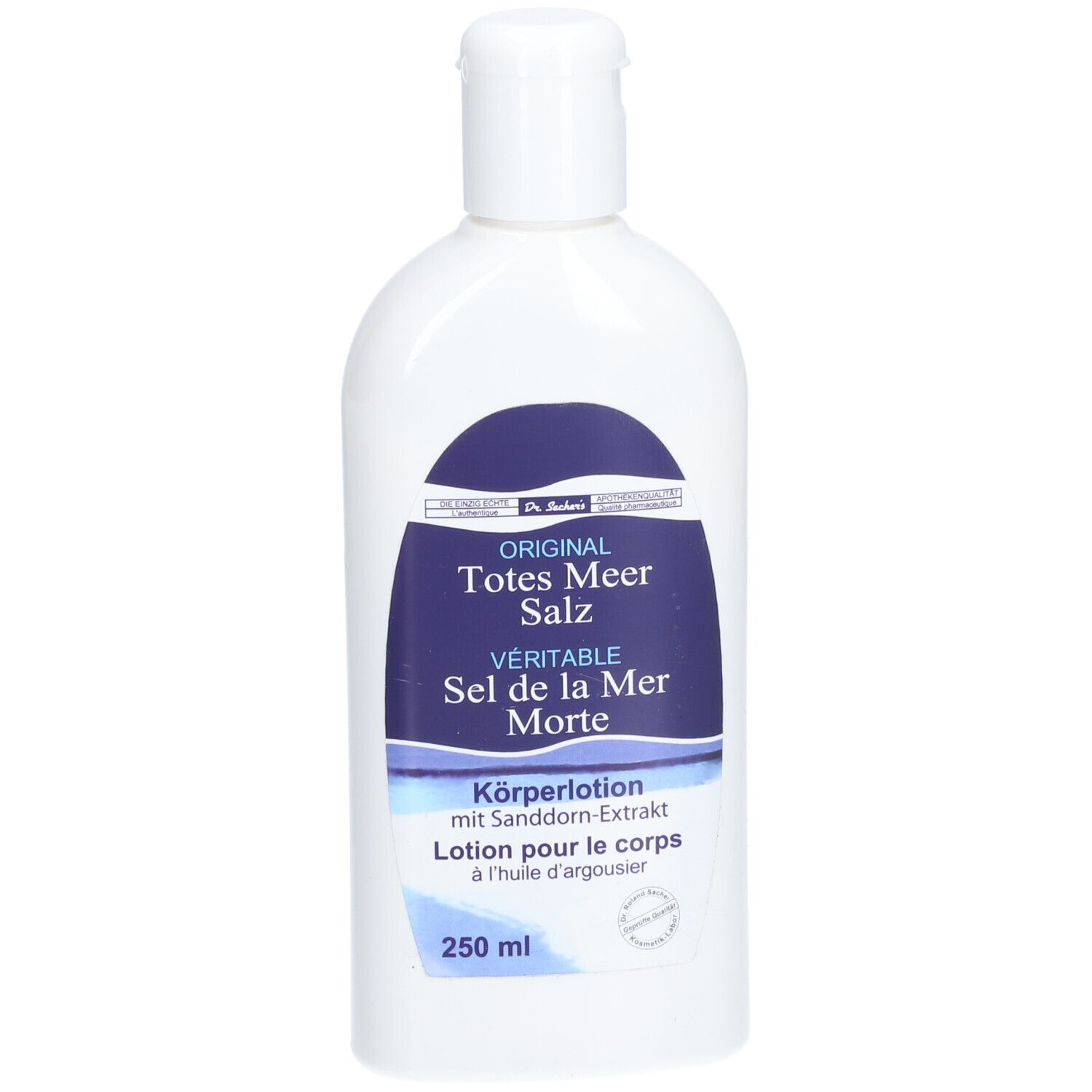 Witte fles met blauw etiket. Opschrift: ORIGINAL Totes Meer Salz, bodylotion. 250 ml.