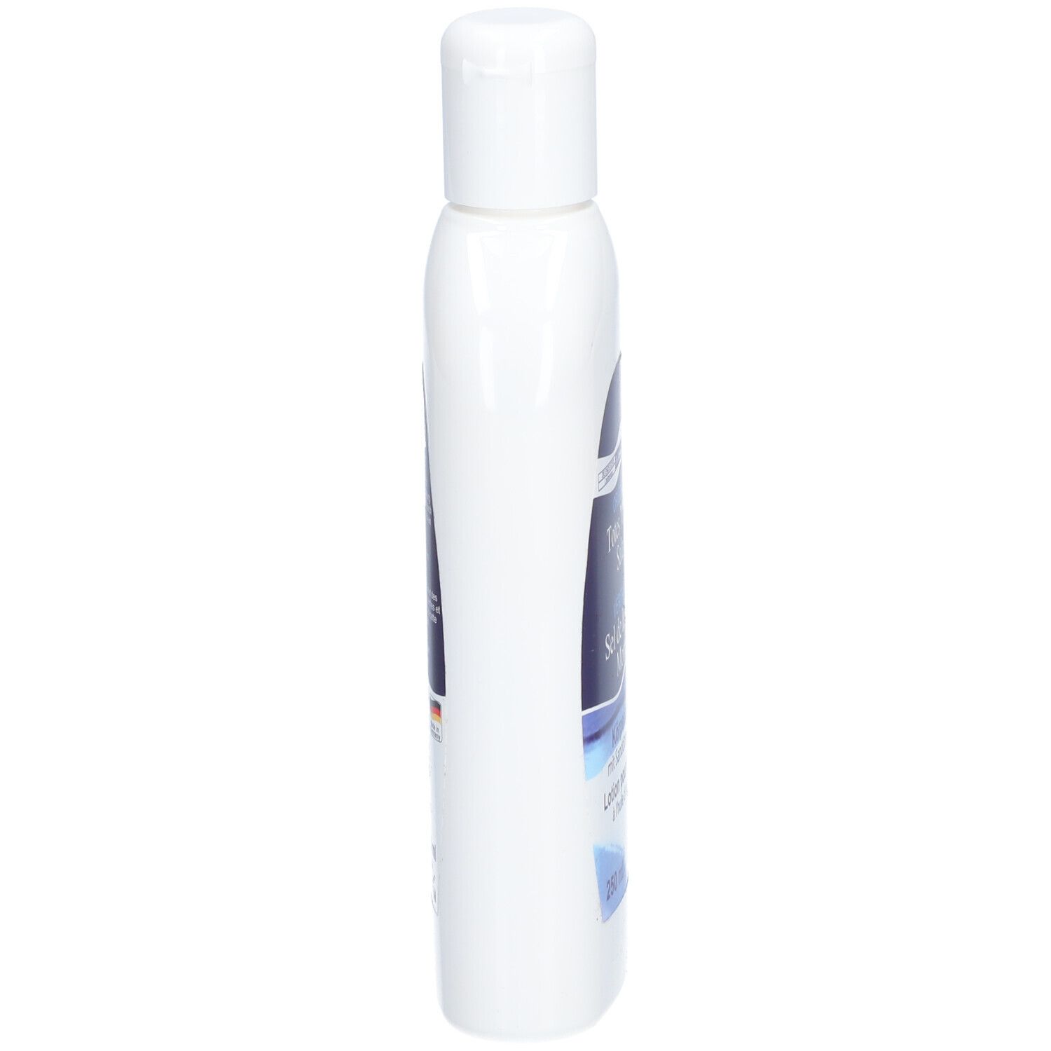Witte fles met klapdeksel. Zijaanzicht met blauw etiket. Productnaam gedeeltelijk zichtbaar.